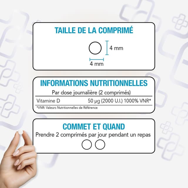 Detalle de Vitamine D3 2000 UI PiùLife (2 par jour) – Comprimés à croquer sans sucre – 600 mini-comprimés