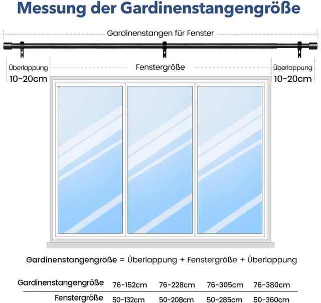 Detalle de GEEBOBO Gardinenstange Schwarz 76–152 cm, ausziehbar (19 mm) für Schlafzimmer, Wohnzimmer & Küche