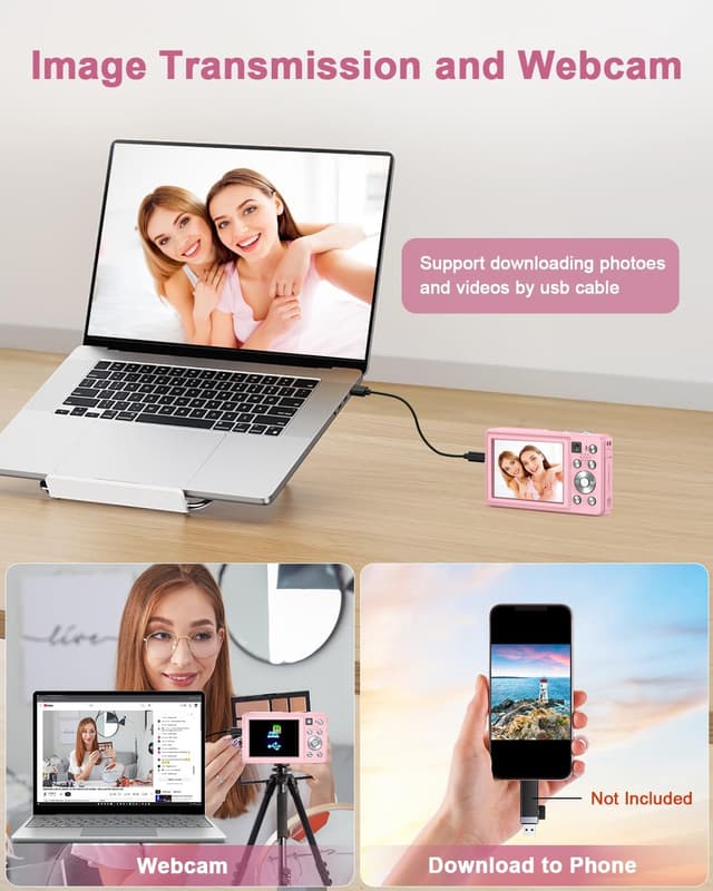 Thumbnail 6 de Camkory 4K 64MP Digitalkamera mit Dual-Kamera, Autofokus, Blitz & 16x Zoom (rosa)