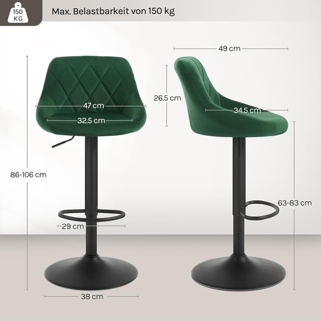 Detalle de WOLTU Barhocker 2er Set mit Lehne, höhenverstellbar & drehbar (dunkelgrün)