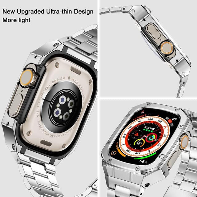Detalle de BAITEYOU Stainless Steel Watch Band with Case for Apple Watch Ultra 3/2/1 (49mm) — Rugged Metal Bumper Strap, Silver