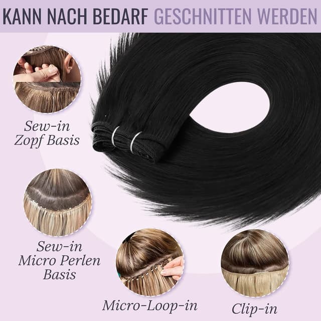 Detalle de Fshine Echthaar-Haarverlängerung als Tressen (60 cm, 100 g) in Pechschwarz zum Einnähen