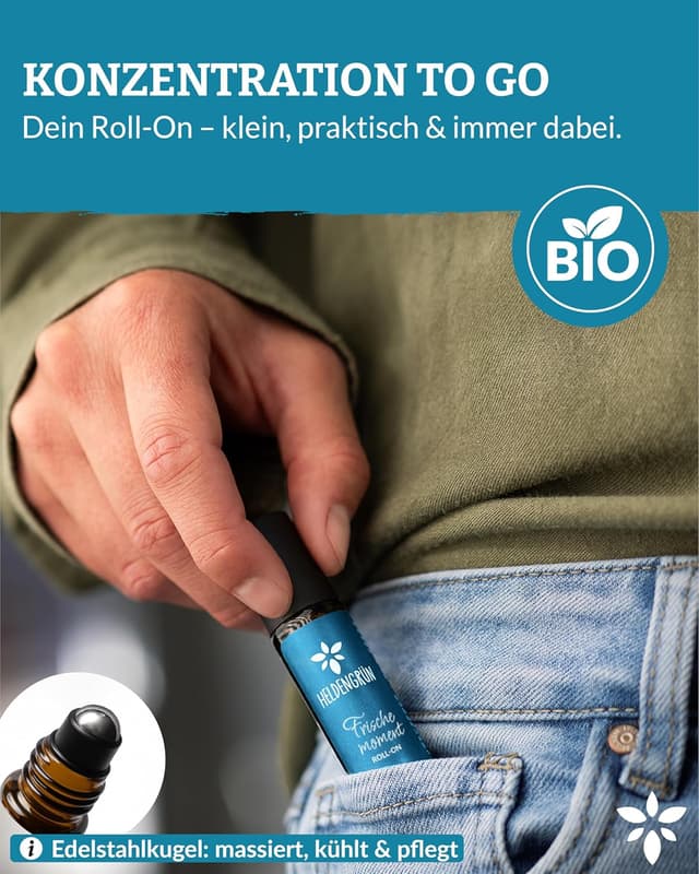 Detalle de Heldengrün® BIO Roll-On „Frischemoment“ – Konzentration & Fokus mit Bio-Pfefferminze, Eukalyptus, Rosmarin und Zitrone