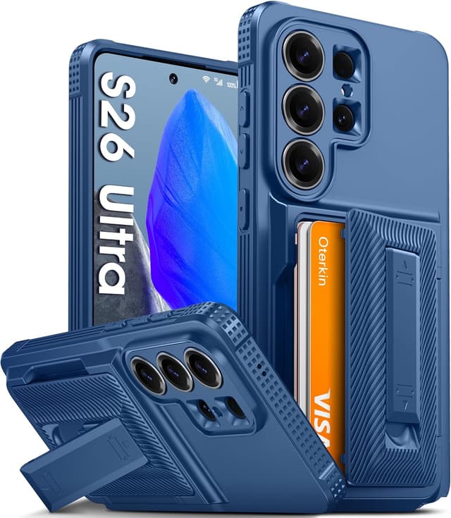 Detalle de Oterkin Rugged Wallet Case for Samsung S26 Ultra (Blue) with RFID card holder and adjustable kickstand
