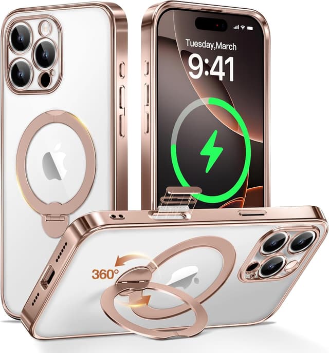 Detalle de GOLBINBOX Desert Titanium Case for iPhone 16 Pro with 360° Magnetic Stand (MagSafe Compatible) — Rose Gold/Clear