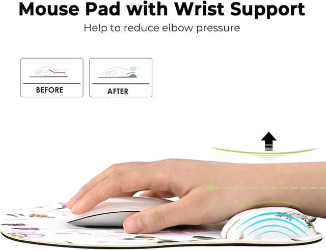 Detalle de EooCoo mouse mat with wrist support (memory foam) – ergonomic gaming desk accessory, white flowers