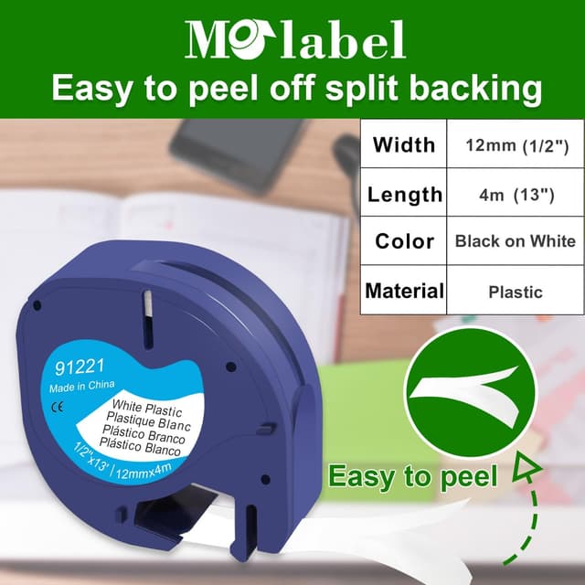Detalle de Molabel 5er-Pack kompatible Dymo LetraTag Etikettenbänder 91221 – 12 mm x 4 m, schwarz auf weiß