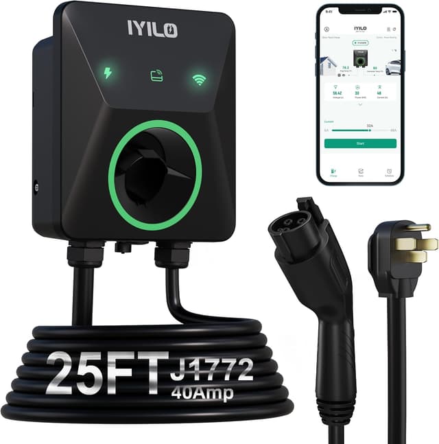 Detalle de IYILO Level 2 EV Charger (40A/9.6kW) J1772 with Wi‑Fi, RFID & Dual Temp Sensors, NEMA 14-50P, ETL & Energy Star