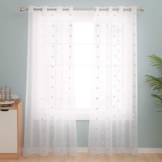 Detalle de Deconovo eyelet faux linen net curtains with embroidered star voile, 55 x 114 drop (1 pair)