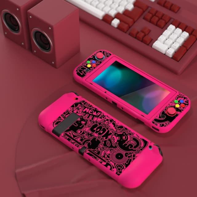 Detalle de playvital ZealProtect Soft Protective Case for Nintendo Switch (VV & Bright Pink) with tempered glass screen protector