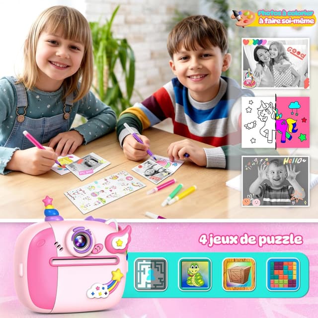 Detalle de Wootoyz Sofortbildkamera Einhorn – Kinderkamera mit Sofortdruck, 32 GB Karte, rosa