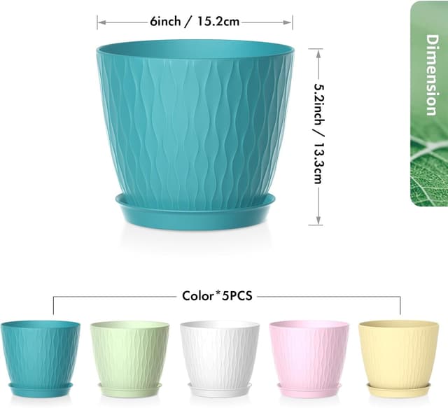 Detalle de Homeuouz 15cm Plastic Plant Pots Indoor, 5 Pack with Drainage Holes & Tray (Multicolour)