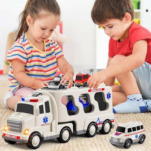Detalle de JUKUDAHU 5-in-1 Play Ambulance Vehicle Set (Friction-Powered Police, Fire, Ambulance + Helicopter)