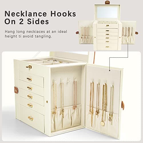 Detalle de KAMIER joyero para mujer grande con espejo, 6 niveles y 5 cajones (blanco y marrón)