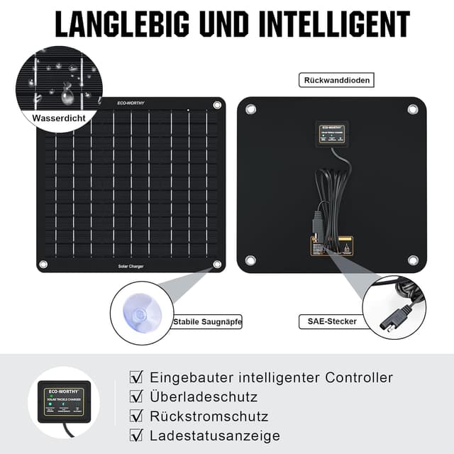 Detalle 2 de ECO-WORTHY 12 Volt 10 Watt Solar-Erhaltungsladegerät für Autobatterie (mit Krokodilklemmen & Zigarettenanzünderadapter)