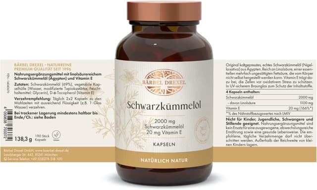 Detalle de Schwarzkümmelöl Kapseln hochdosiert ägyptisch vegan (190 Stk) – 2000 mg Tagesdosis von BÄRBEL DREXEL®