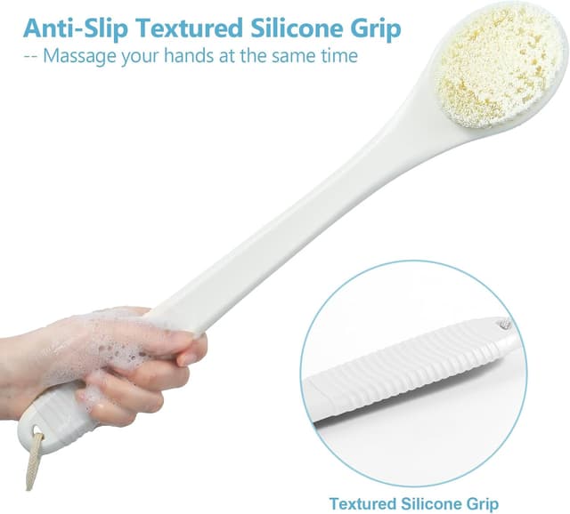 Detalle de ROLIZOE 17-Inch Back Scrubber for Shower (White) – Anti-slip exfoliating body brush with a long handle