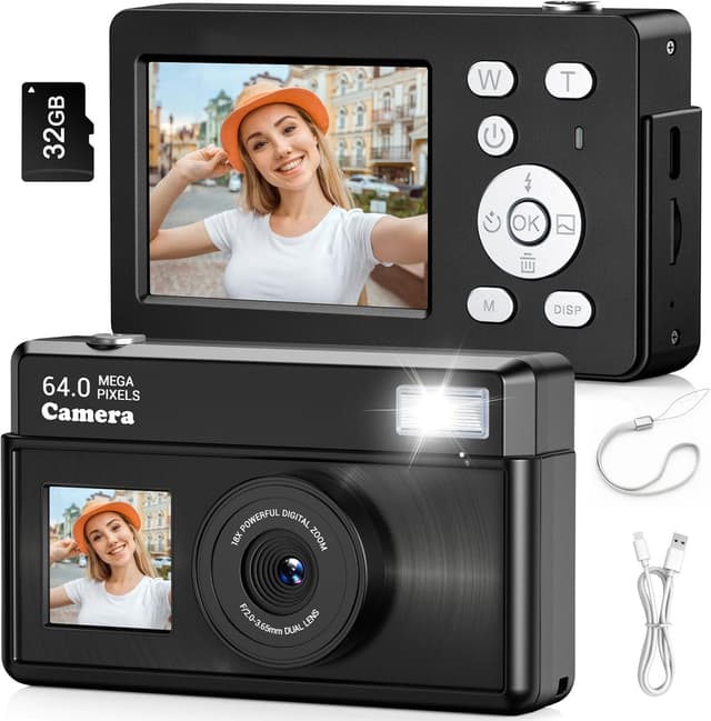 Detalle de Teoryieer Teoryieer Digital Camera 4K 64MP Compact with 32GB Card, 18X Zoom & Anti-Shake (Black)