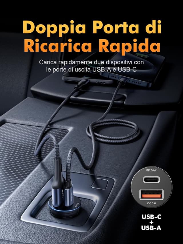Detalle de GRIFEMA Caricatore auto USB-C 30W con doppia porta PD 30W + QC 3.0 18W (alluminio)