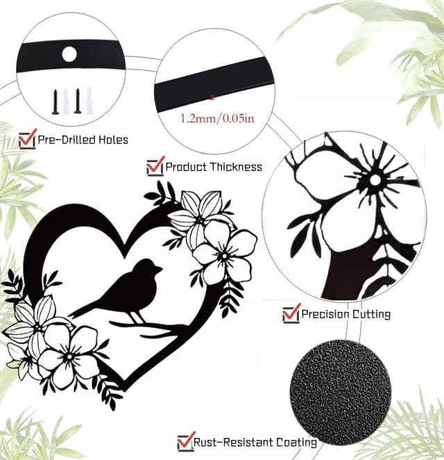 Detalle 2 de BGJJGT Metal Bird Wall Decor (Black), Heart-Shaped Garden Wall Art for Outdoor & Indoor Walls