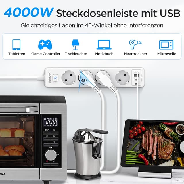 Detalle de Steckdosenleiste 4 USB 4000W Mehrfachsteckdose