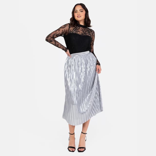 Detalle de Lovedrobe Damen Midirock mit Falten, A-Linie und elastischem Bund (Metallic, Satin-Finish, gefüttert)