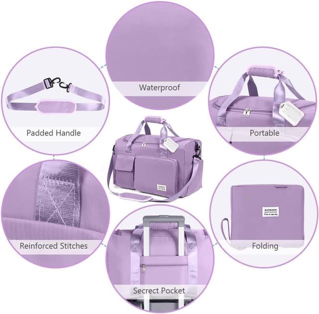 Detalle de flintronic 36L faltbare Reisetasche (50–28–25 cm) – wasserdichtes Oxford, mit Gepäckanhänger, lila