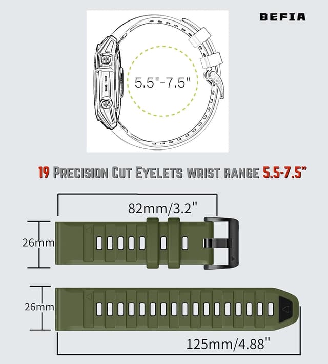 Detalle de BEFIA 26mm Silicone Watch Band for Garmin Fenix 8 (51mm), Epix Pro Gen 2 (51mm) — QuickFit Sport Strap