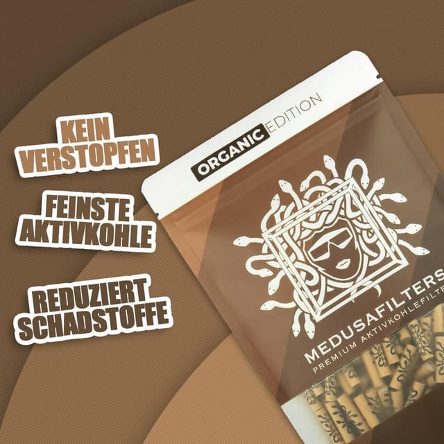 Detalle de Medusafilters Organic Edition: 250 Slim-Aktivkohlefilter (6 mm Ø) mit veganen Fasercaps & Kokos-Aktivkohle