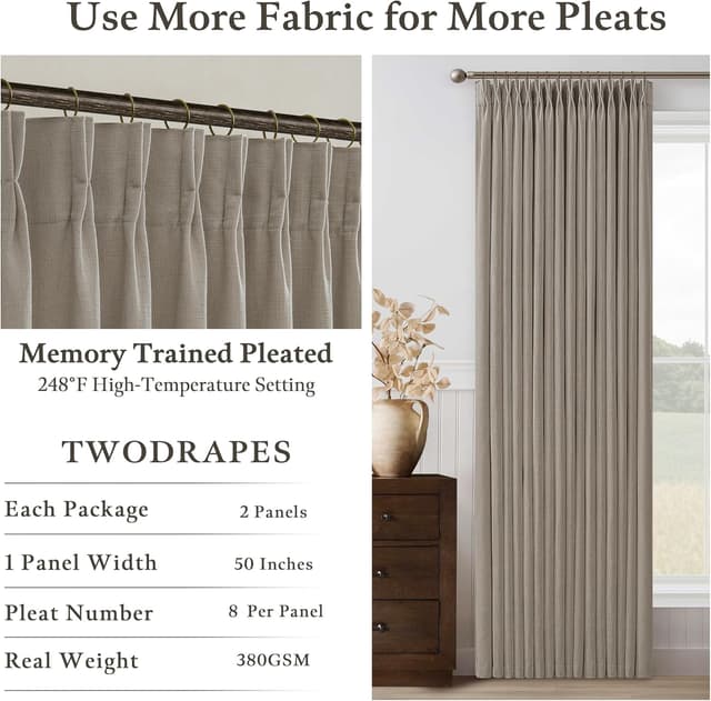 Thumbnail 4 de Taupe Flax Linen Curtains 90in Pinch Pleat