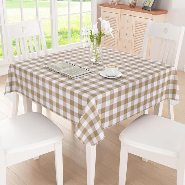 Thumbnail 6 de misaya Square Waterproof Vinyl Table Cloth (Buffalo Flannel Backed), Wipeable Plastic Table Cover, 60" x 60" — Khaki & White