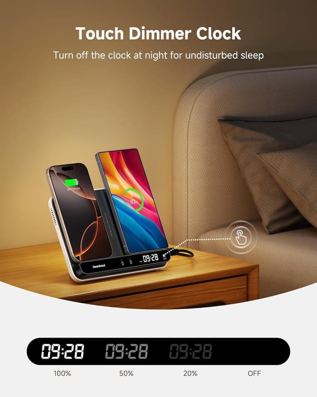 Detalle de SwanScout 504 Doppio caricatore wireless per 2 telefoni con stazione di ricarica e orologio digitale