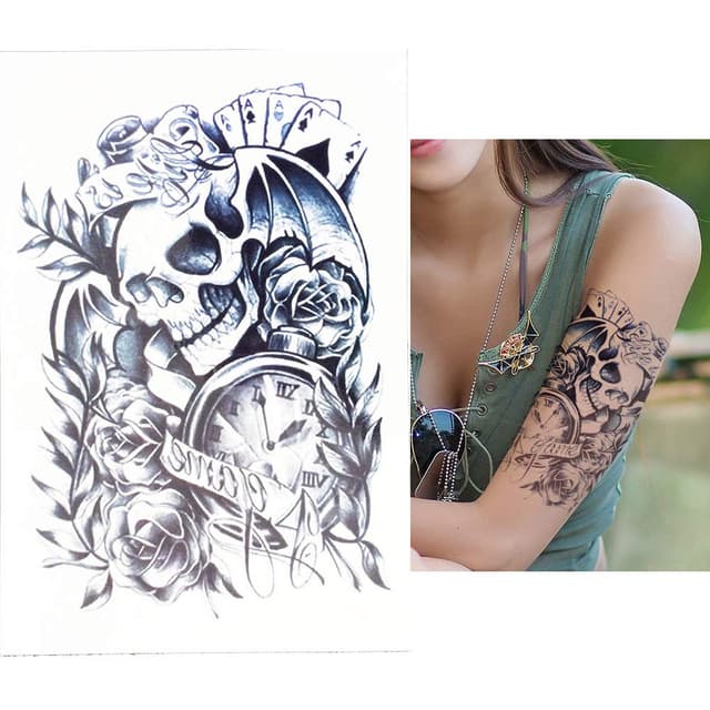 Thumbnail 1 de Totenkopf Rosen Tattoo temporär 19x14 cm