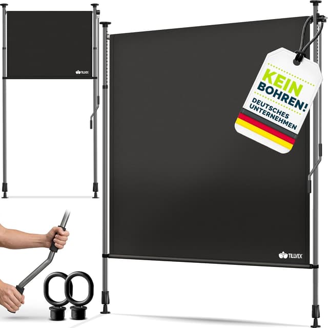 Detalle de tillvex® Klemmmarkise Senkrechtmarkise mit Handkurbel – Sichtschutz & Wetterfestes Balkonrollo ohne Bohren (Schwarz, 120x310 cm)