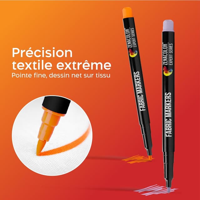 Detalle 2 de Set de 20 marqueurs textile Zenacolor – Feutres textile non toxiques, indélébiles à pointe fine pour t-shirt et tissus