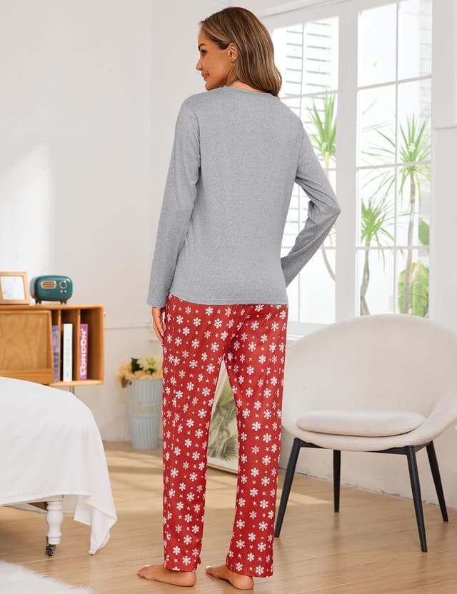 Thumbnail 6 de Demegimi Damen Schlafanzug lang mit Rundhals, Baumwolle – Winter-Pyjama mit Schneeflocken-Motiv