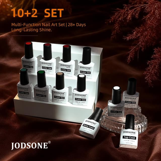 Detalle de JODSONE set smalto gel con glitter (10 colori) nero, rosso, verde e argento + base e top coat