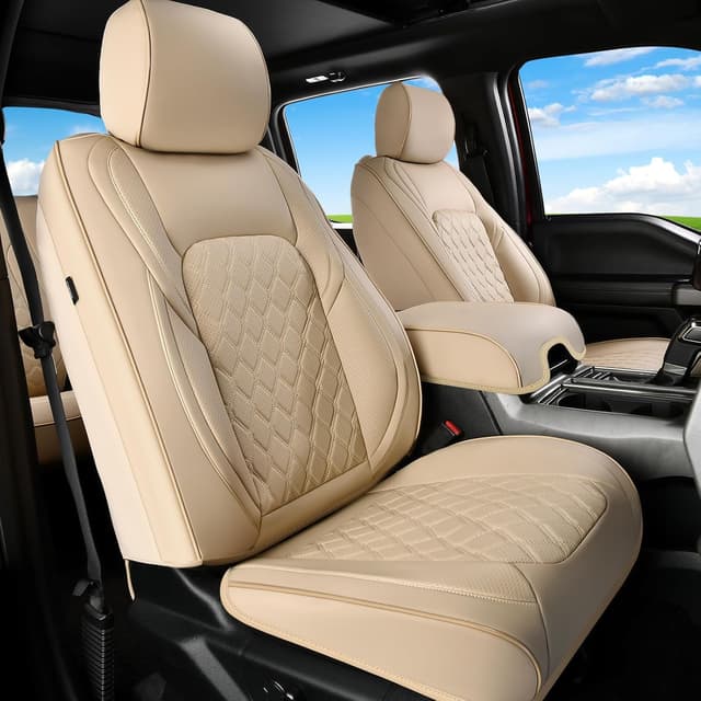 Detalle de Huidasource F150/F250/F350 Front & Rear Leather Seat Covers (Beige) for 2015-2025 Ford SuperCrew & 2017-2025 Super Duty Crew Cab