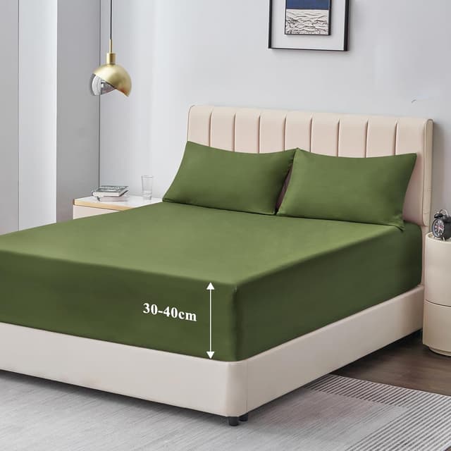 Detalle de Aisbo Spannbettlaken 140x200 cm für Boxspringbett, Olivgrün – Mikrofaser mit 40 cm Steghöhe