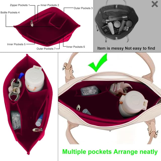 Detalle 2 de HYEPNED Bag Wallet Insert Organizer (Burgundy, L) with 7 Compartments for Longchamp totes