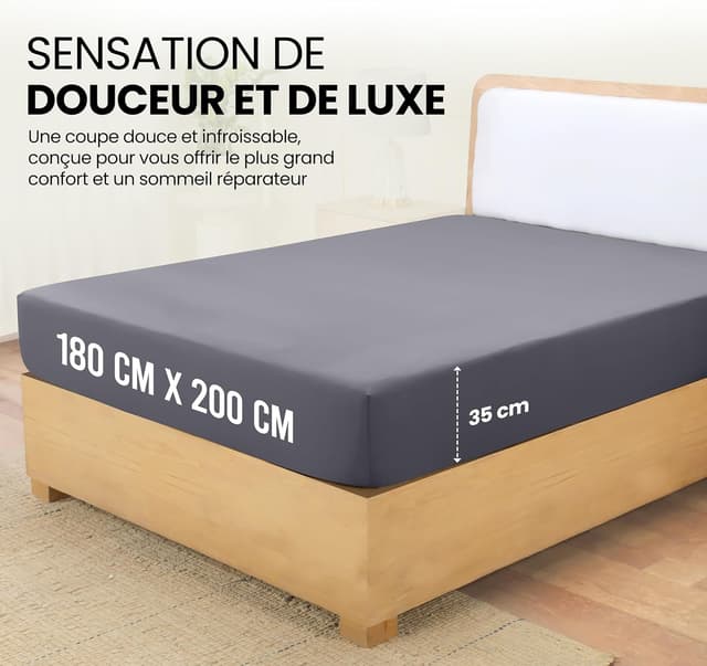 Detalle de Utopia Bedding Drap-housse gris 180 x 200 cm – Oeko-Tex, bonnets 35 cm, microfibre brossée