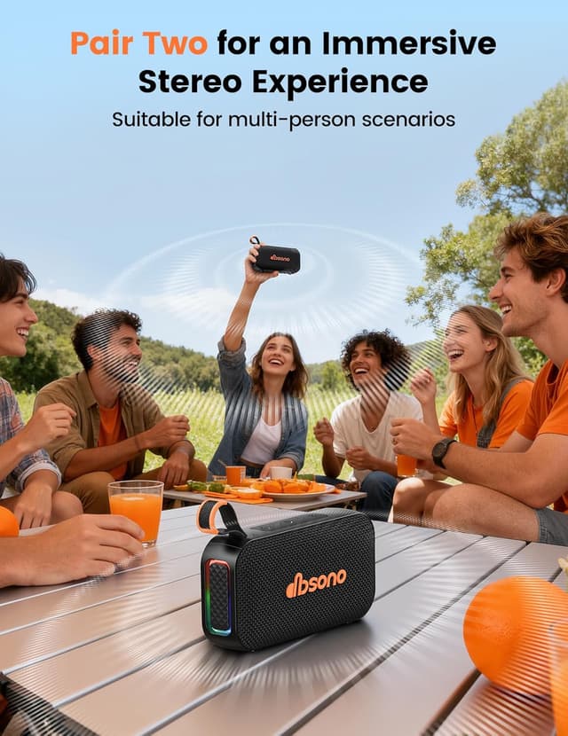 Detalle 2 de dbsono Bluetooth Speaker Stereo 20W (IPX5) with 30H Playtime, True Wireless Pairing & Lightshow — Black