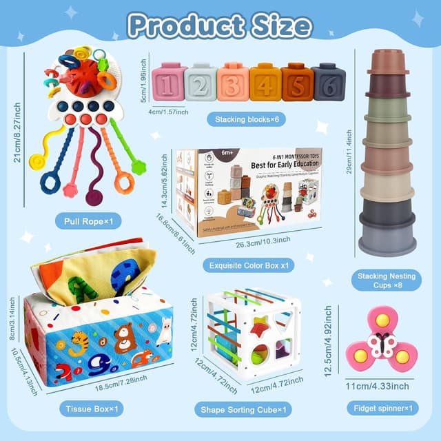 Detalle de EPOGG 6-in-1 Montessori Baby Toys Set (6–12 Months Up) with Pull String, Stacking Cups, Tissue Box & More