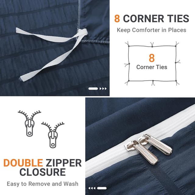 Detalle 2 de HYMOKEGE Navy Blue Twin Seersucker Duvet Cover Set (2-Piece) with Zipper Closure and 8 Corner Ties