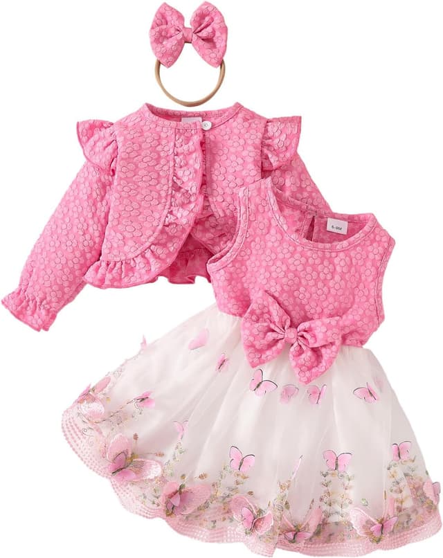 Detalle de OMEWEE 3-piece girls fall outfit set – floral cardigan dress with butterfly print and headband