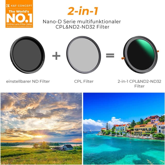 Detalle 2 de K&F CONCEPT Nano-D 2-in-1 ND & CPL Filter für 58mm – CPL + ND2–ND32 im Nano-D Design