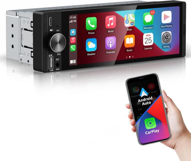 Detalle de ESSGOO Single-DIN car stereo with wireless CarPlay/Android Auto, 6.36-inch HD touchscreen and reverse camera input