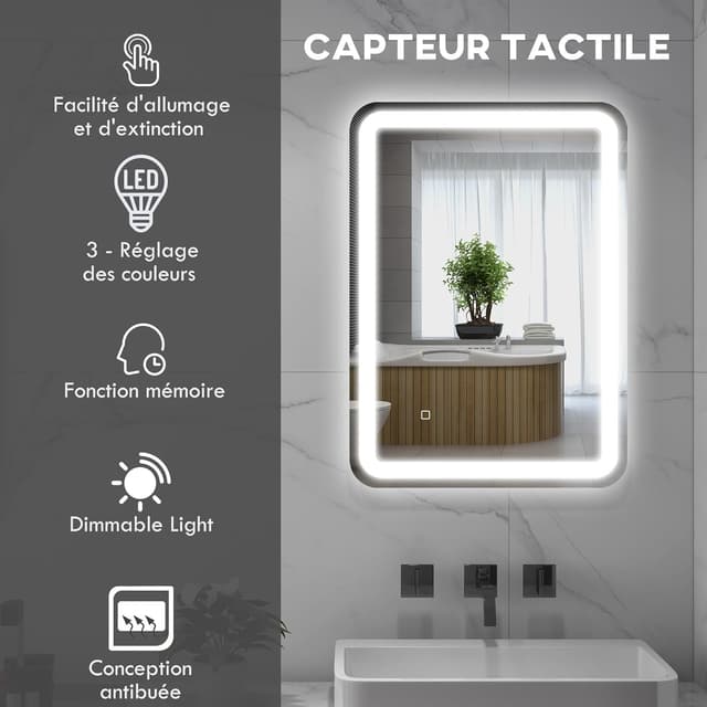 Detalle de HOMCOM Miroir de salle de bain LED 50 x 70 cm avec éclairage 3 couleurs, dimmable et anti-buée (IP44)