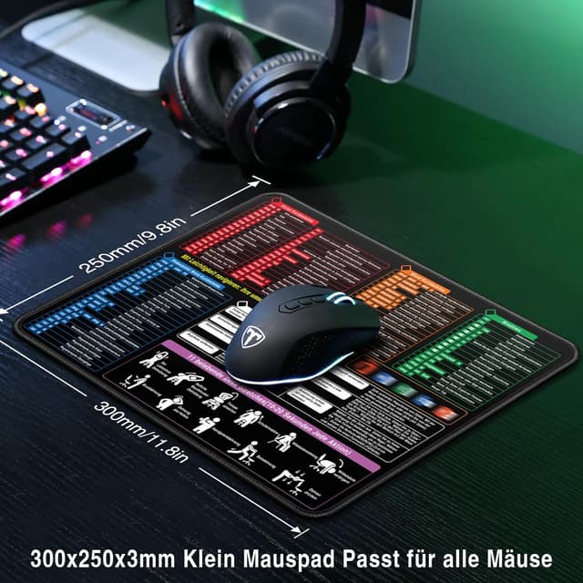 Detalle de Gaming-Mauspad 300x250x3 mm mit Office-Shortcuts (Excel/Word/PPT) – kleine Schreibtischunterlage für PC, Büro & Studium