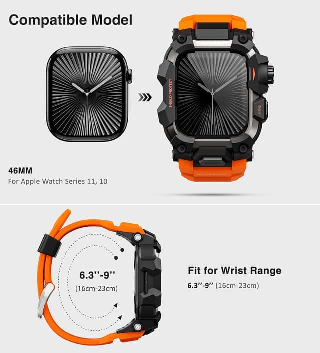 Detalle de ULTIMAL Rugged Case with Band for Apple Watch 46mm (Orange) – shockproof bumper cover for Series 11/10 straps